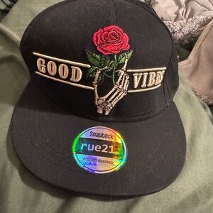 Rue21 Black Snapback with Red Rose and Skeleton Design